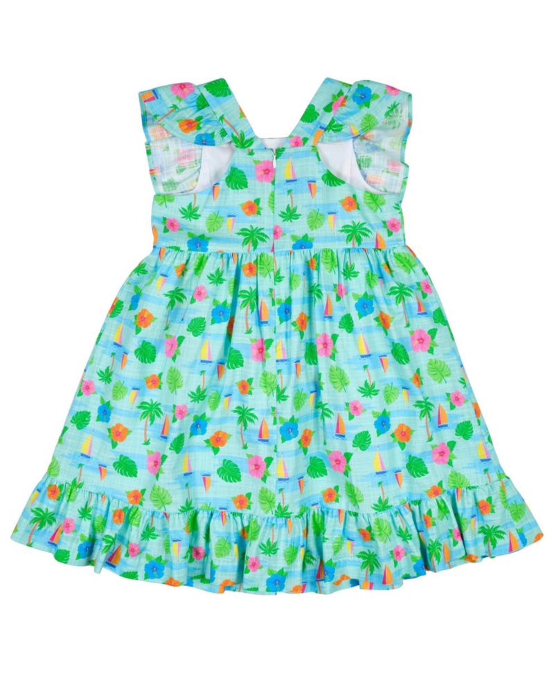Little Girls Printed Linen Look Dress With Flower