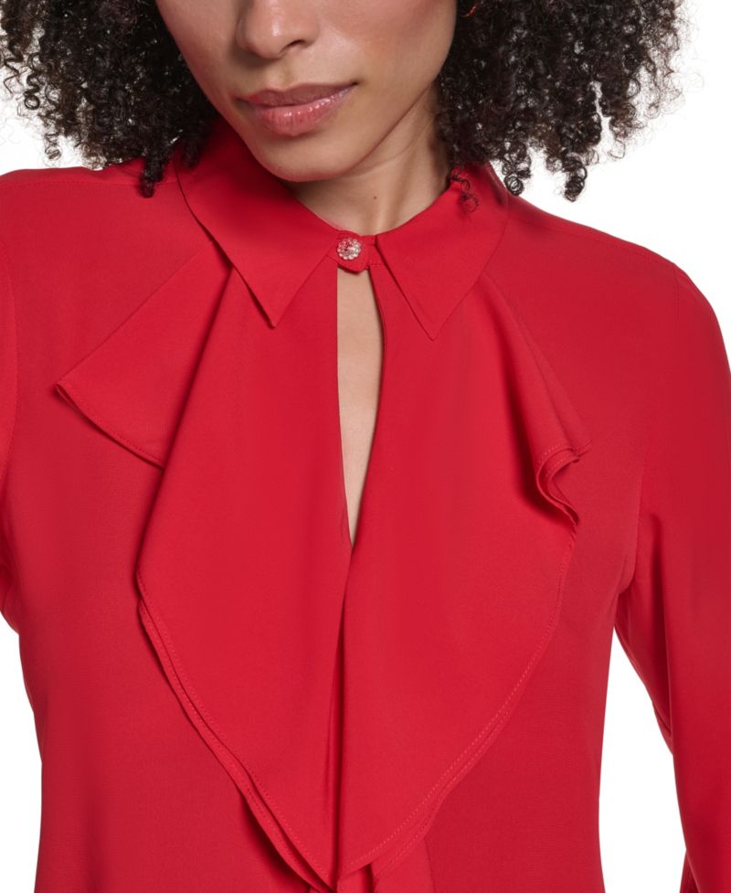 Women's Long-Sleeve Collared Ruffled Blouse