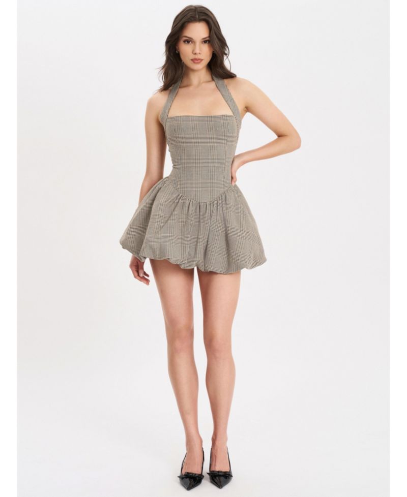 Women's Dacia Plaid Halter Lace-up Bubble Mini Dress