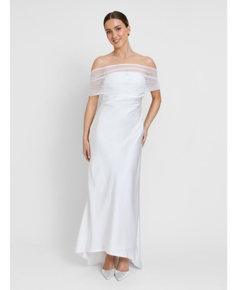 Women's Bardot Detail Beaded Satin Midaxi Dress