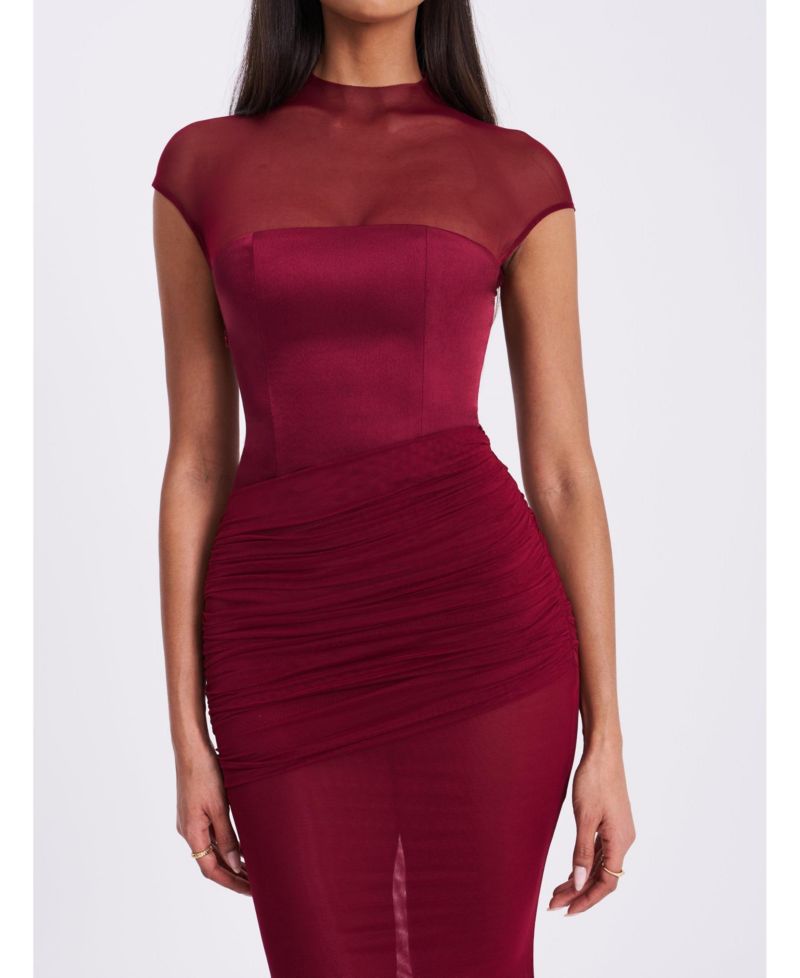 Women's Fabienne Burgundy Mesh Cap Sleeve Mermaid Gown