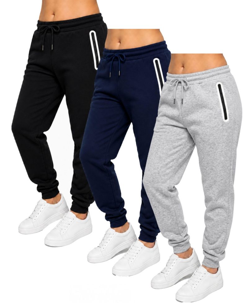 Women's Loose-Fit Fleece-Lined Jogger With Heat Seal Zipper Side Pockets-3 Pack