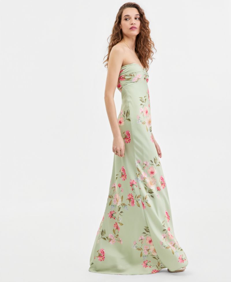 Juniors' Floral Print Strapless Gown