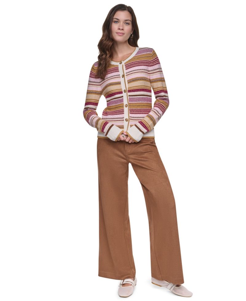 Women's Textured Variegated Stripe Crewneck Fitted Cardigan