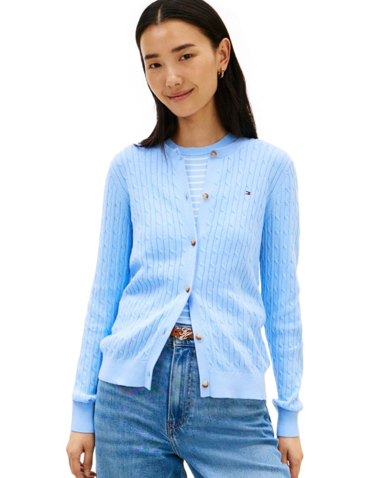 Women's Cable Knit Crew Neck Cardigan Sweater