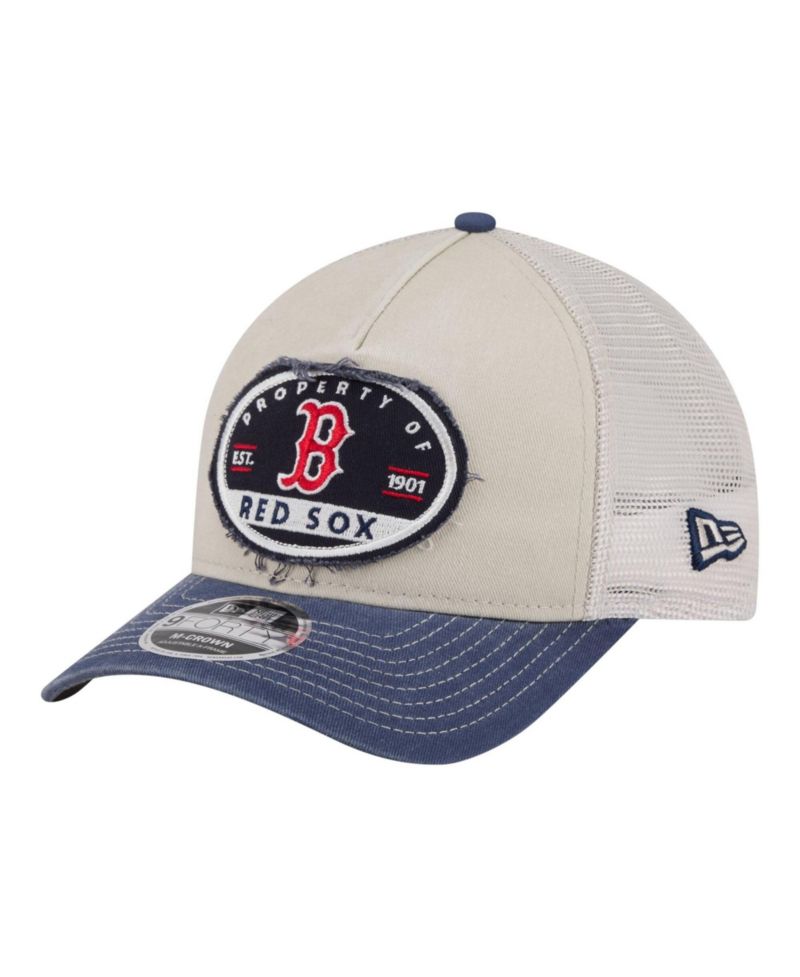 Men's Light Beige/Navy Boston Red Sox Frayed M-Crown A-Frame 9FORTY Trucker Adjustable Hat
