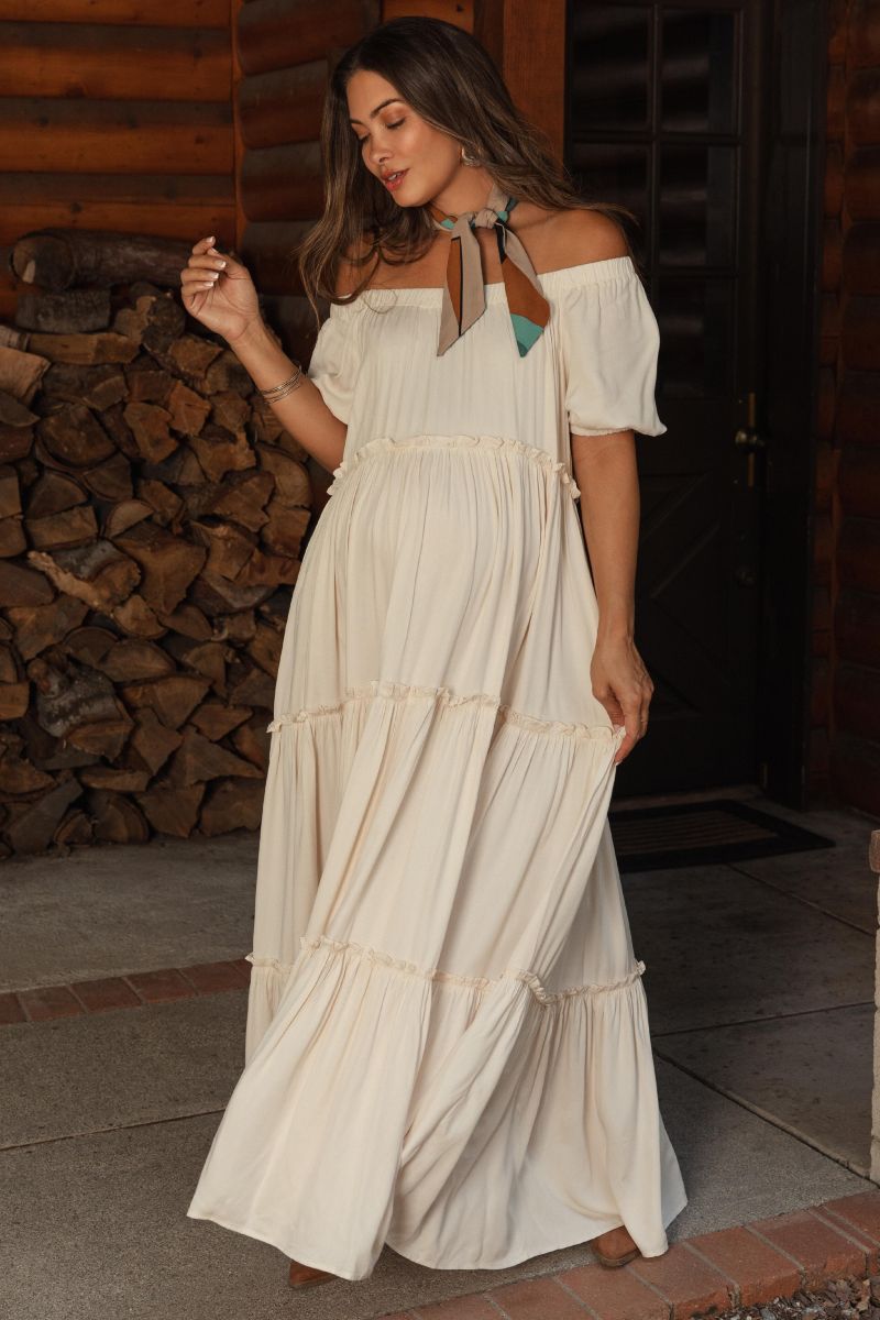 Women's Cream Off Shoulder Ruffle Tiered Maxi Dress