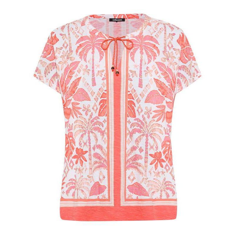 Women's Ornamental Botanic Print Split Neck T-Shirt