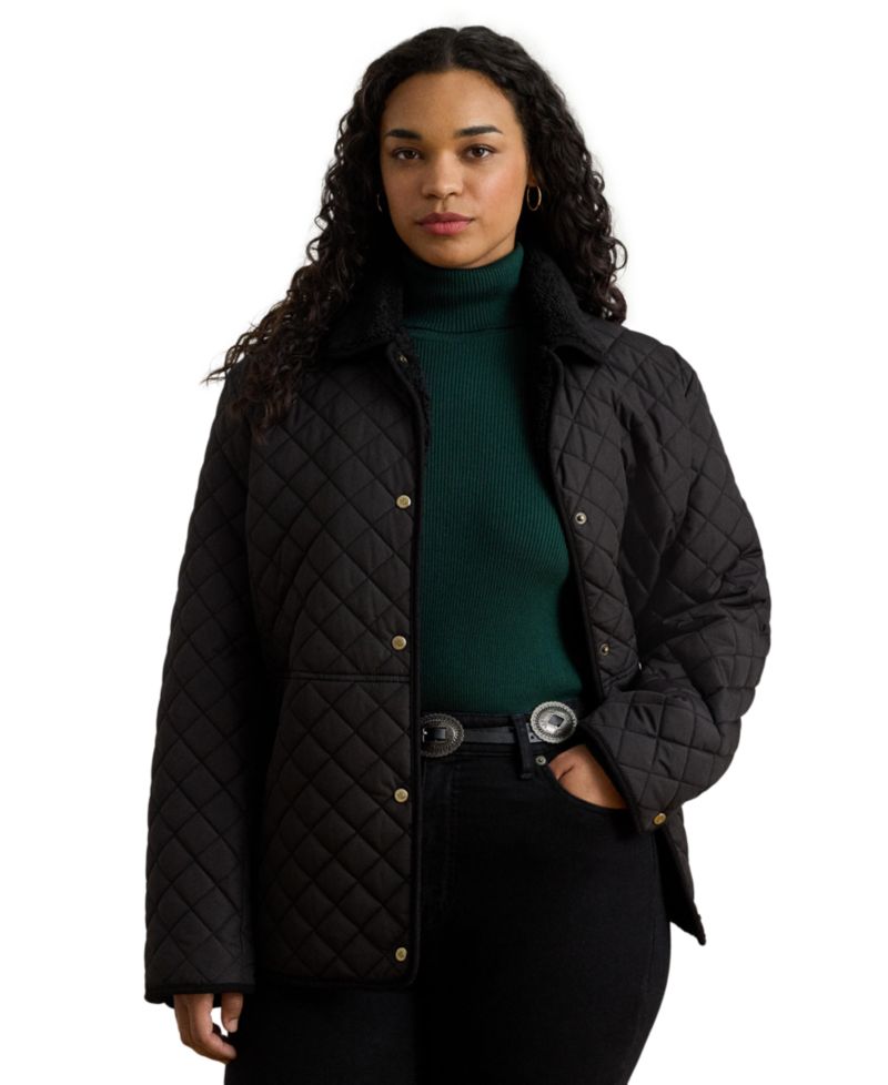 Plus Size Faux-Sherpa-Collar Quilted Jacket, Created for Macy's