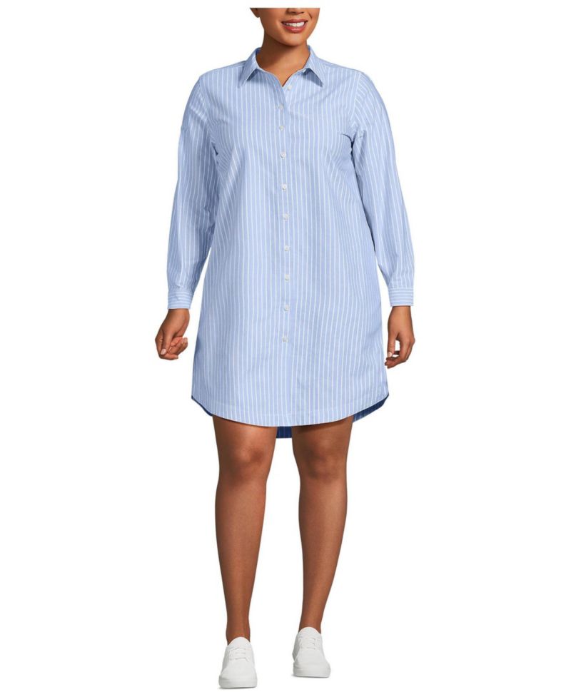 Women's Plus Size Oxford Long Sleeve Button Front Shirt Dress