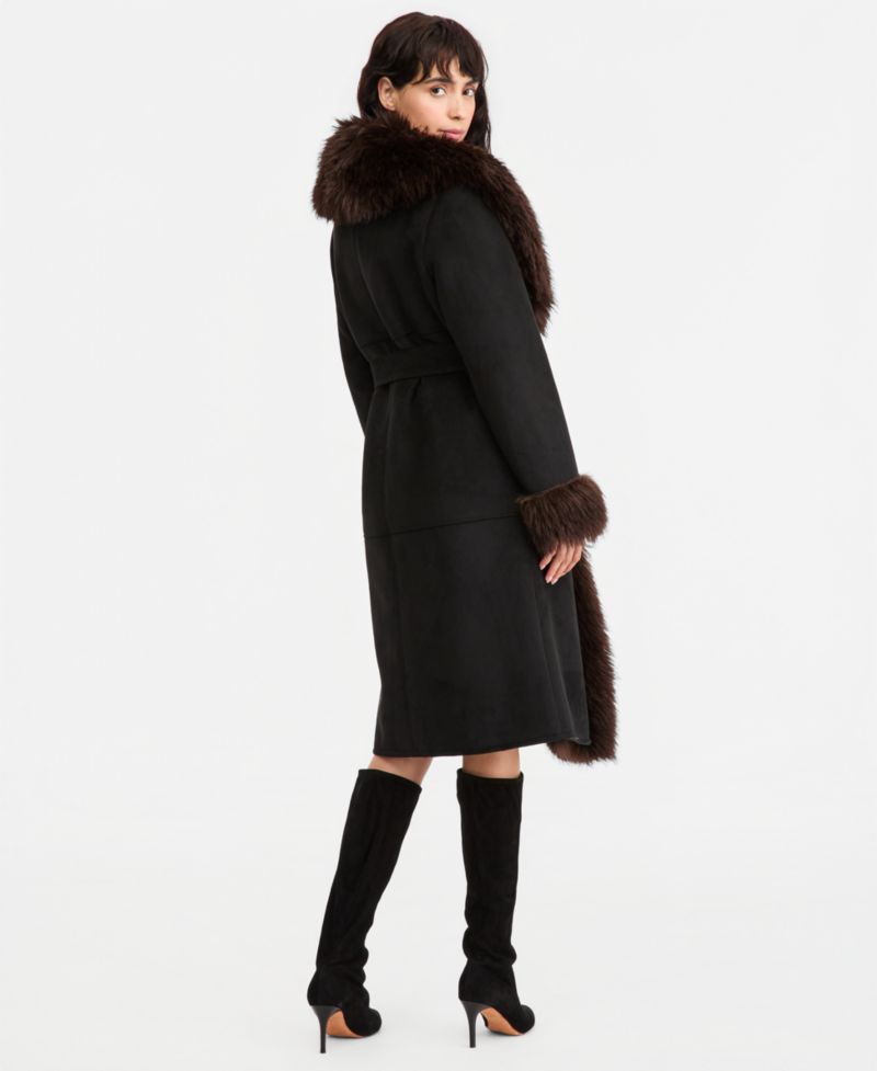 Women's Faux-Fur-Shawl-Collar Faux-Shearling Coat