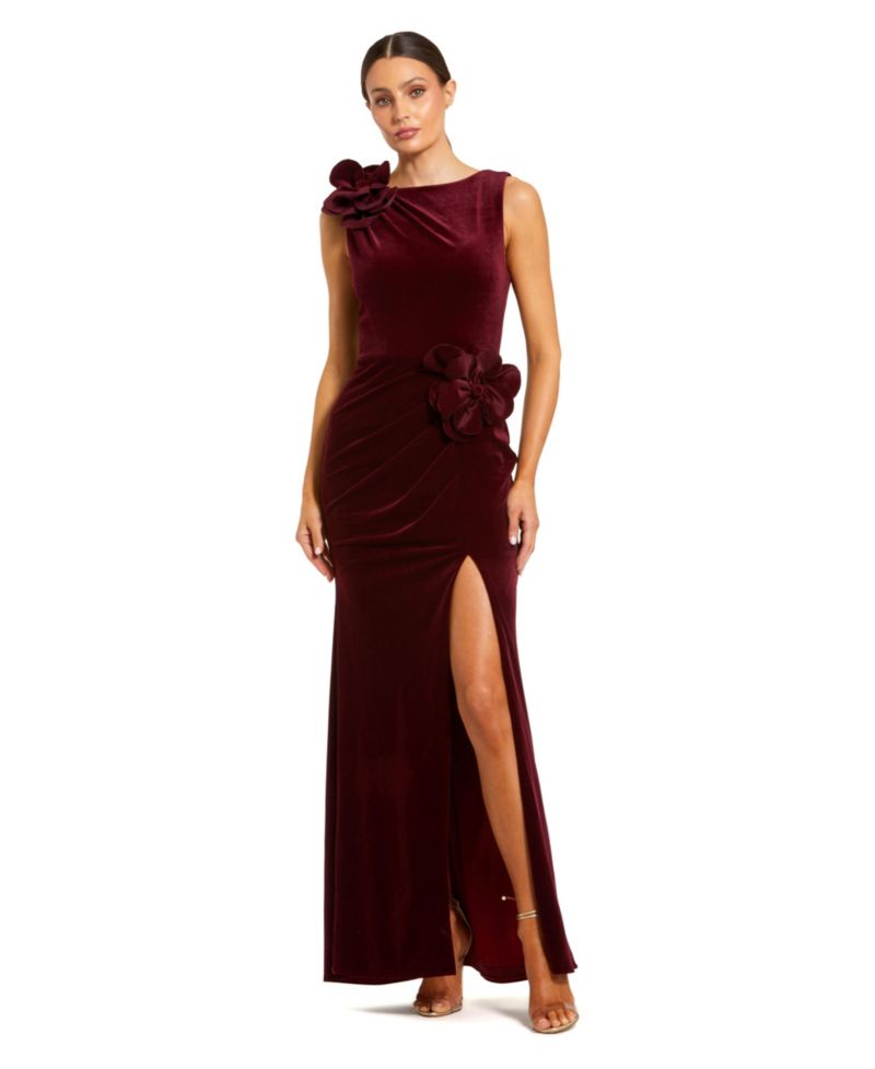 Women's High Neck Velvet Column Gown with 3D Floral Accents