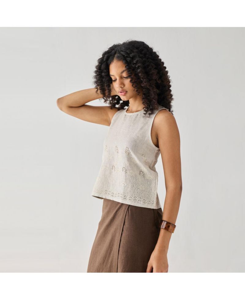 Women's Checkered Linen Embroidered Button-Back Top