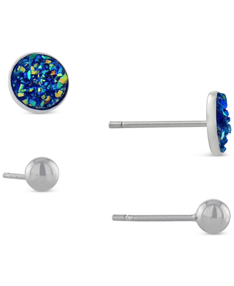 2-Pc. Set Druzy & Polished Stud Earrings in Sterling Silver
