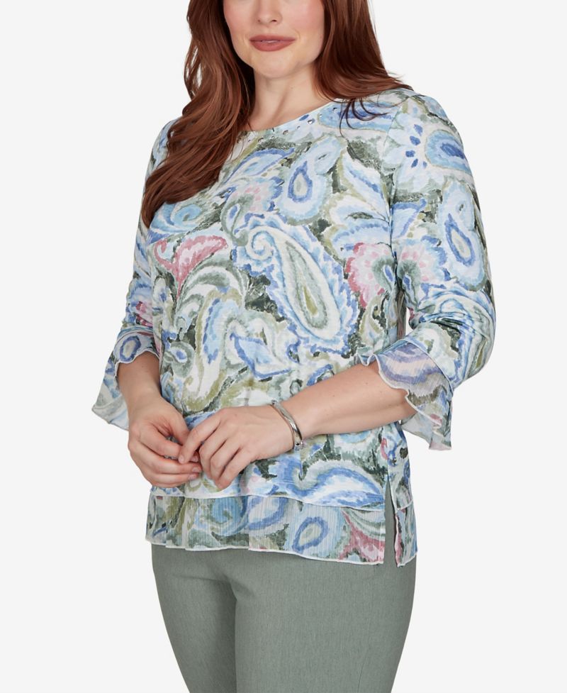 Petite Provence 3/4-Sleeve Woven-Paisley Knit Top