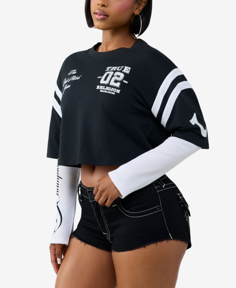 Women's Crystal Sporty Graphic Cropped Long-Sleeve T-Shirt