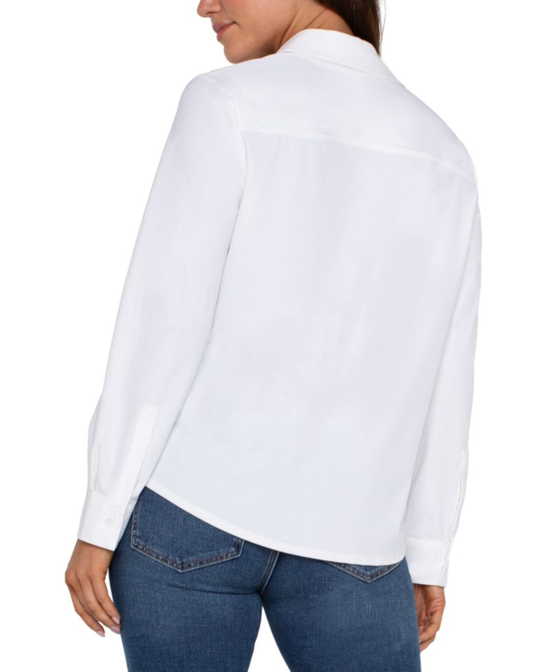 Petite Long-Sleeve Button-Front Collared Blouse