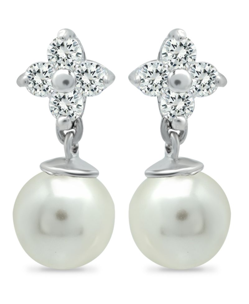 Imitation Pearl and Cluster Cubic Zirconia Drop Earrings Crafted in Silver Plate