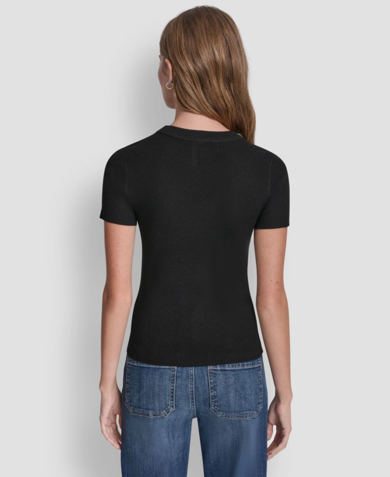 Petite Embellished Ribbed-Knit Short-Sleeve Crewneck Sweater