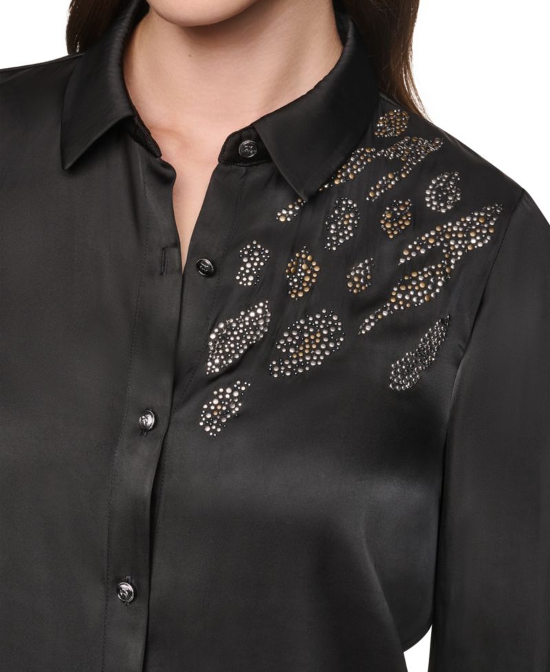 Women's Animal Print Heatset Ruffle-Cuff Collared Blouse
