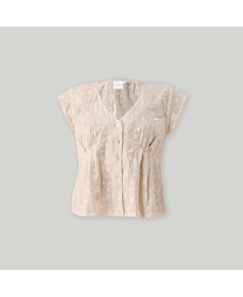 Women's Cream Embroidered Deep V-Neck Top
