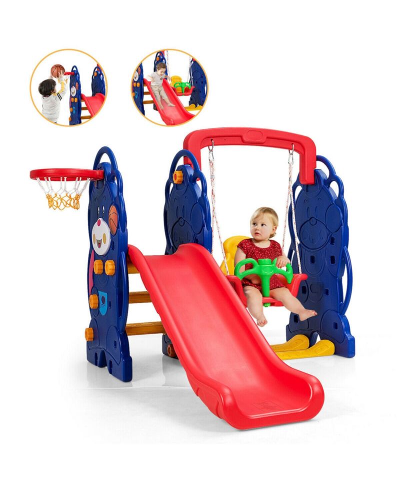 3 in 1 Toddler Climber and Swing Set Kid Climber Slide Playset w/Basketball Hoop