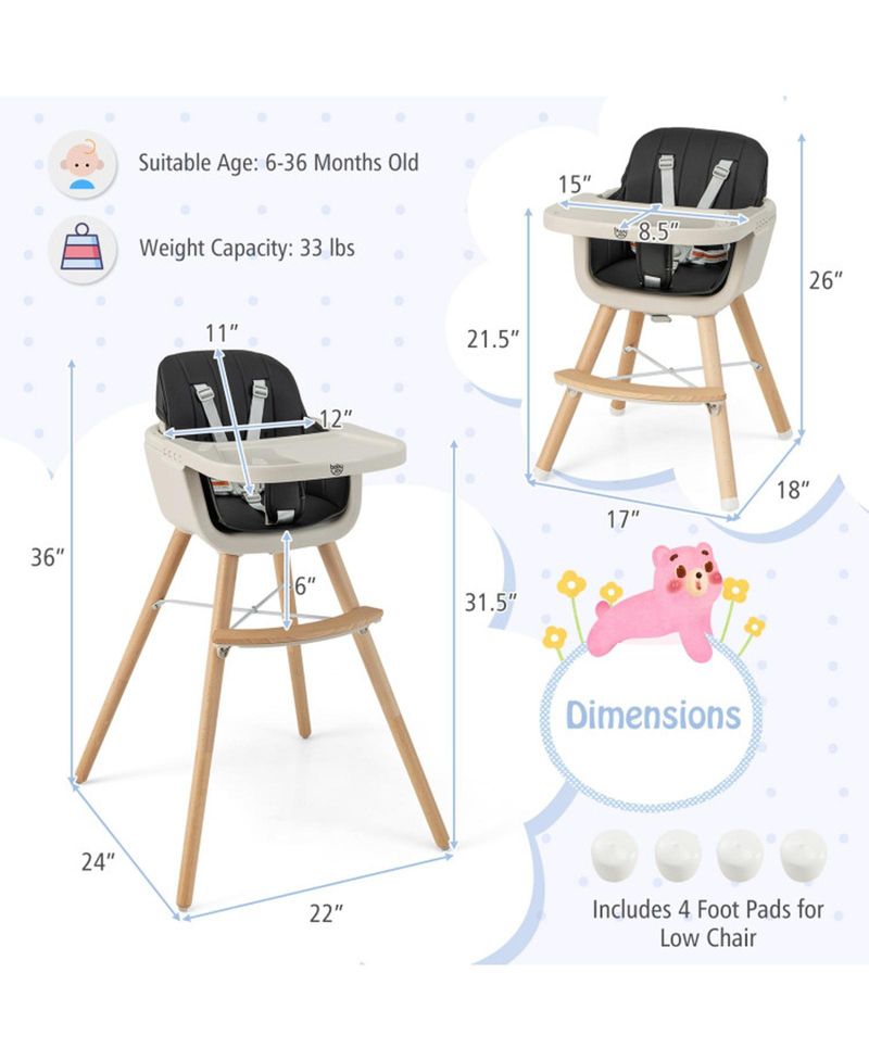 Baby 3-in-1 Convertible Wooden Baby High Chair with Cushion