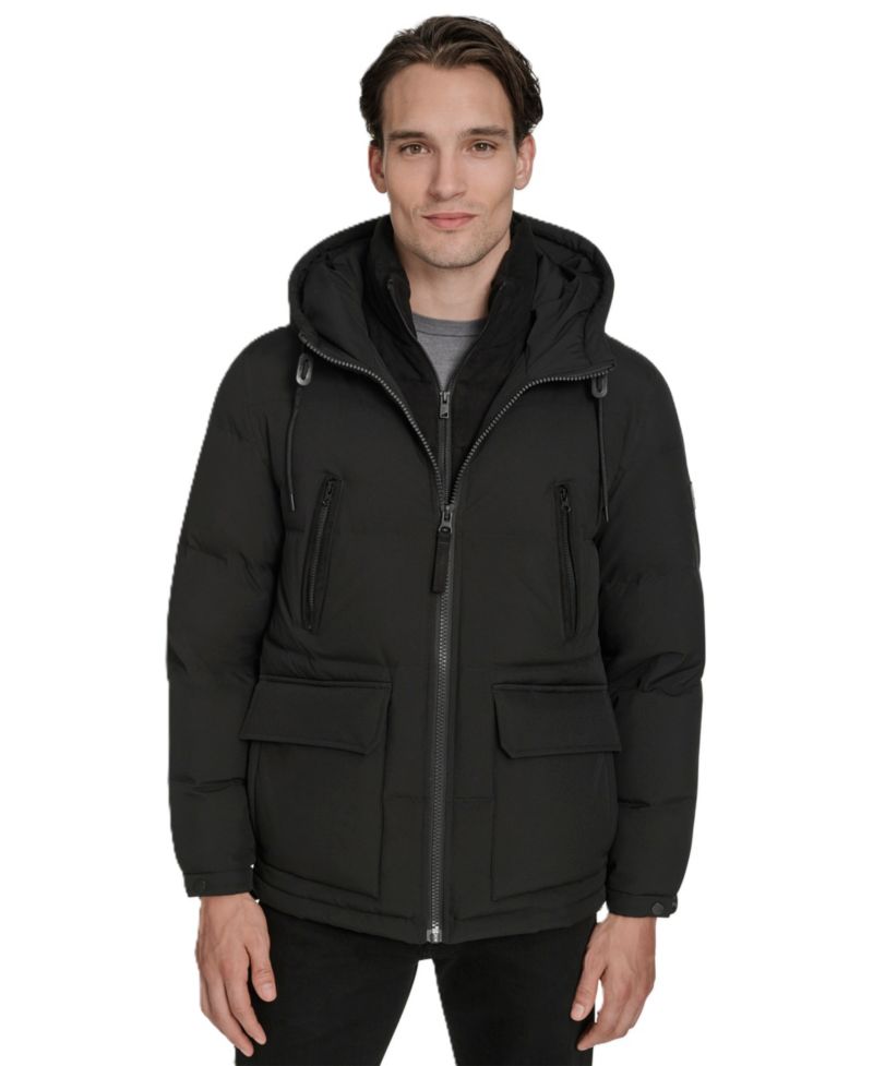 Men's Hooded Puffer Faux-Suede Bib Jacket