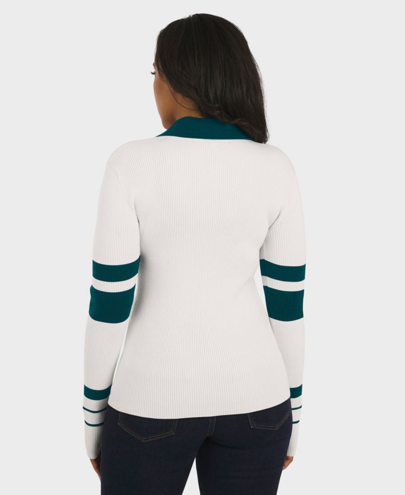 Women's White Philadelphia Eagles Ribbed Henley Polo Sweater
