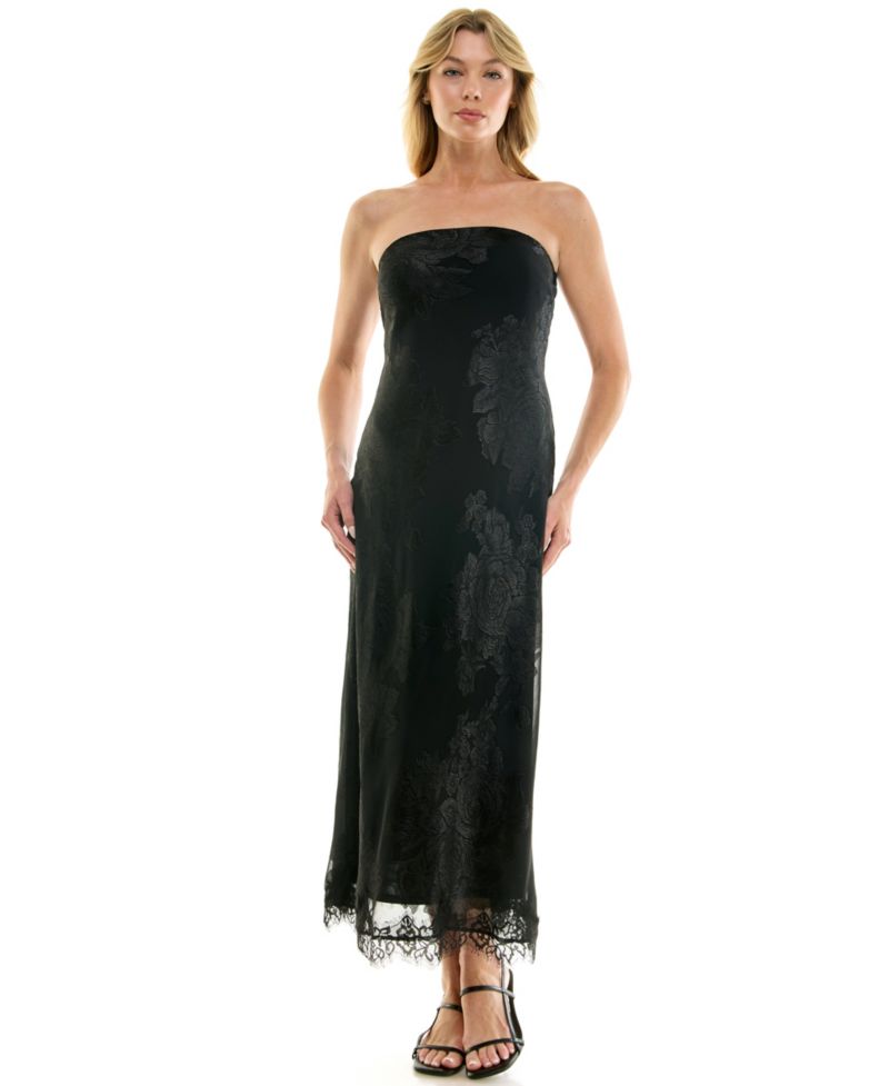 Juniors' Strapless Midi Lace-Trim Dress