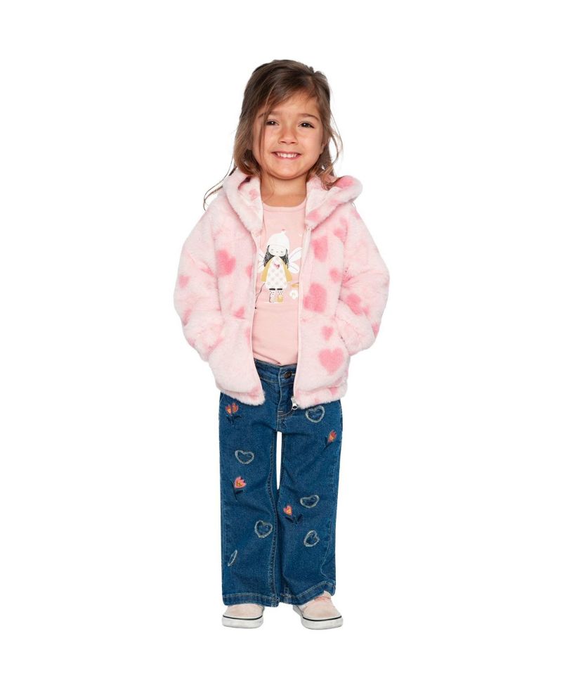 Baby Girl (12M - 24M) Hooded Full Zip Faux Fur Jacket Printed with Hearts