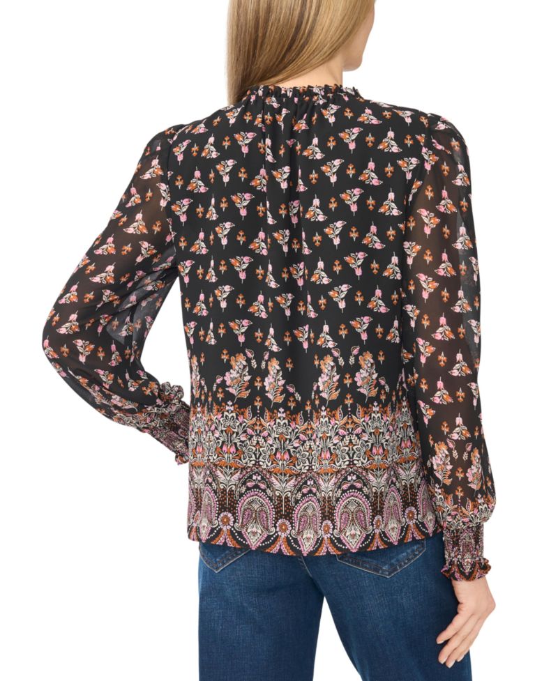 Women's Long-Sleeve V-Neck Smocked Cuff Ruffle Blouse