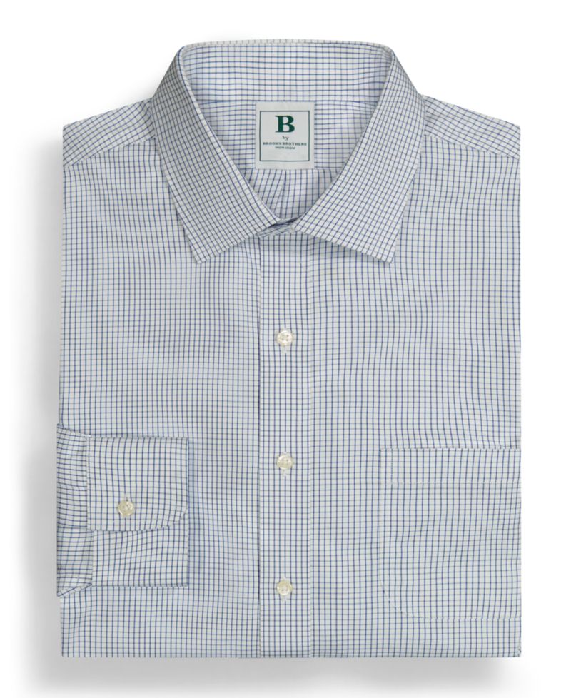 Men's Regular Fit Non-Iron Polo Button-Down Collar Blue Check Pinpoint Dress Shirt