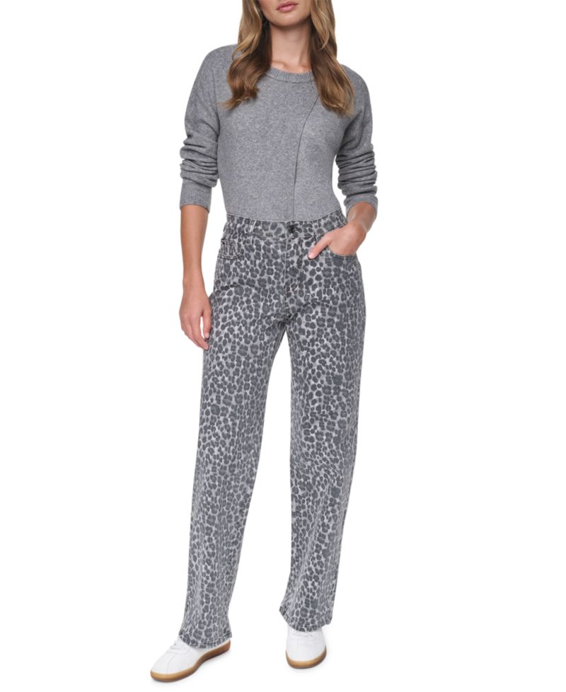 Women's Embellished Animal Print Mid Rise Relaxed Straight Jeans