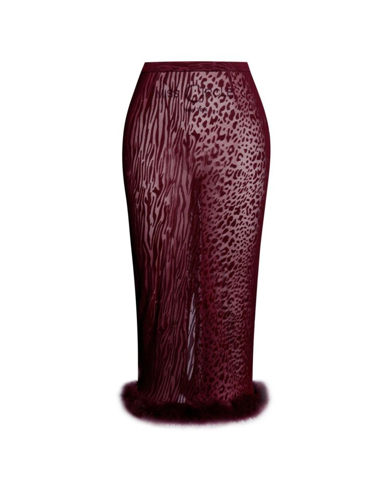 Women's Halia Burgundy Animal Print Burnout Velvet Faux Fur Trim Skirt