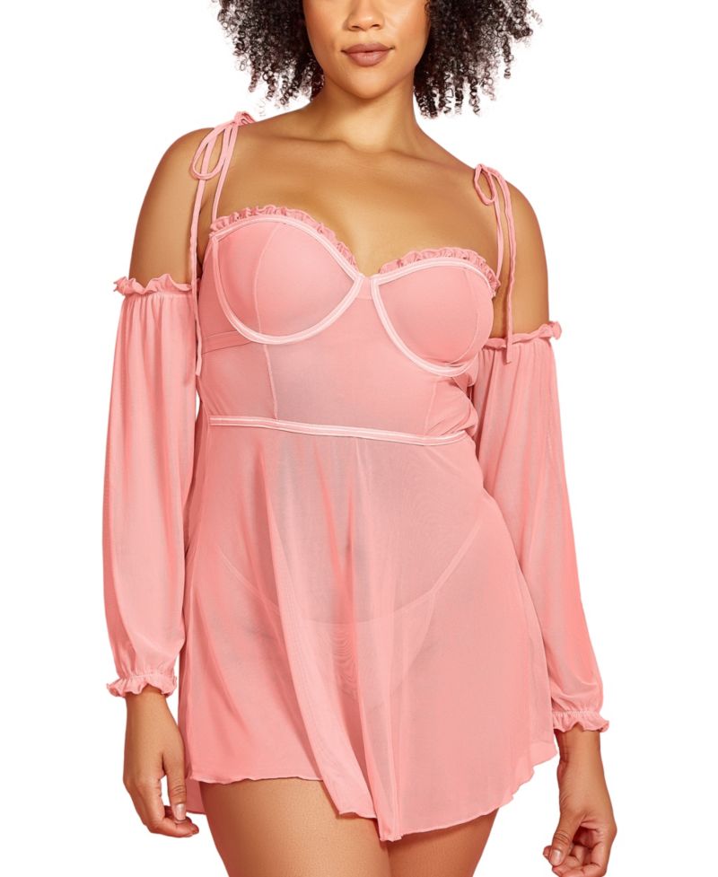 Plus Size 2-Piece Babydoll Lingerie Set in Sheer Soft Mesh and Attached off the Shoulder Sleeves