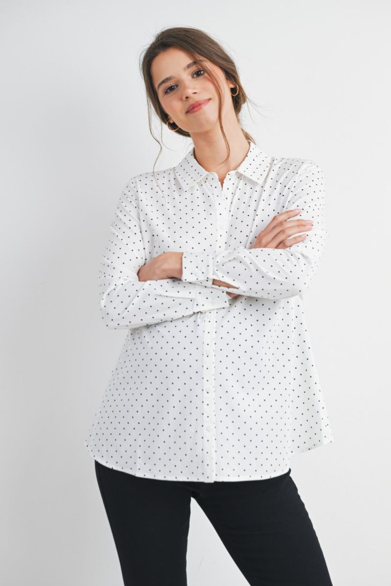 Maternity Button Down Polka Dot Long Sleeve Nursing Top