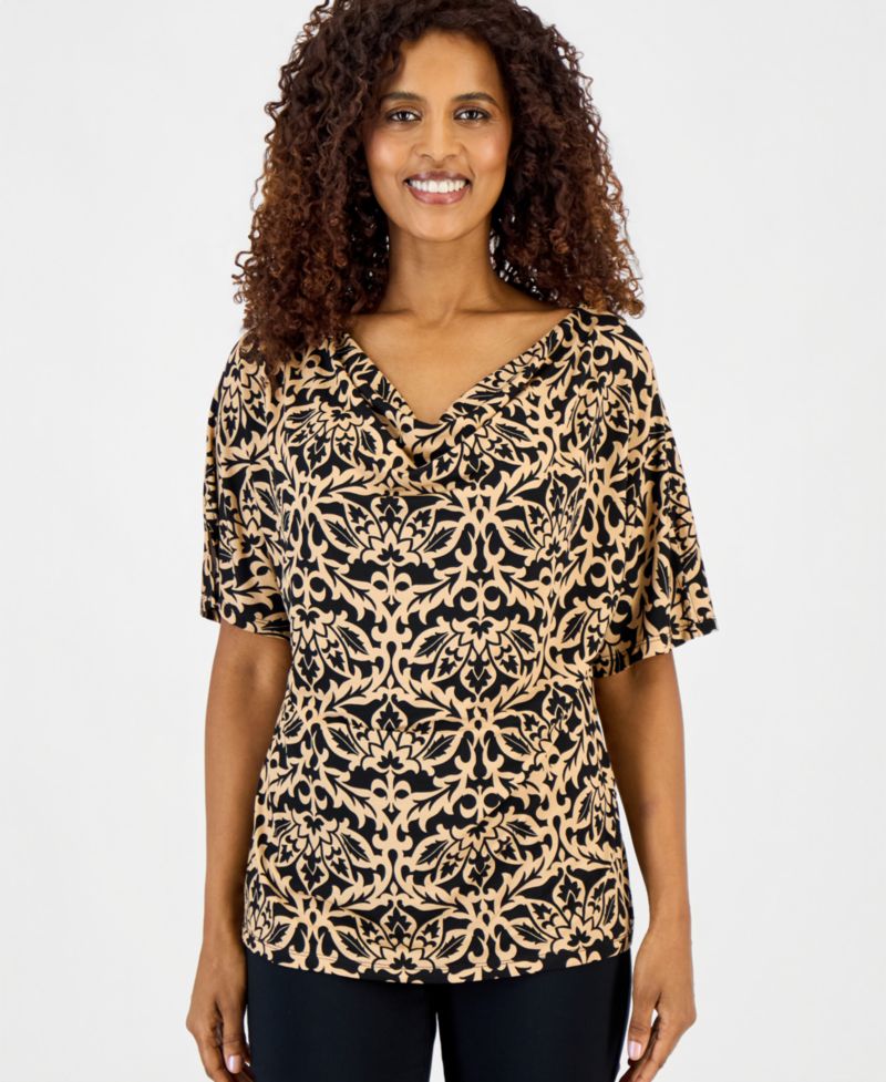 Petite Printed Cowl-Neck Knit Top