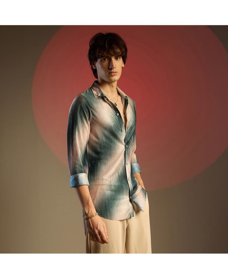 Men's Emerald Green & Ivory White Ombre-Pleated Shirt