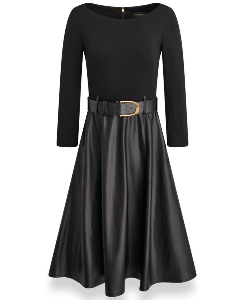 Women's Boat Neck Mixed Media Belted Fit & Flare Dress