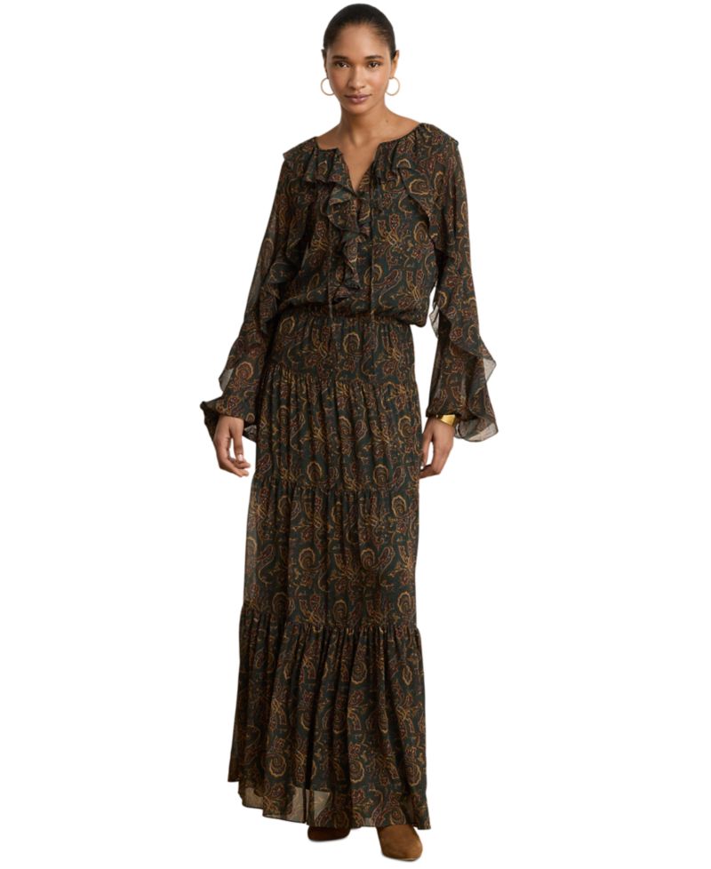 Petite Paisley Long-Sleeve Tiered Maxi Dress
