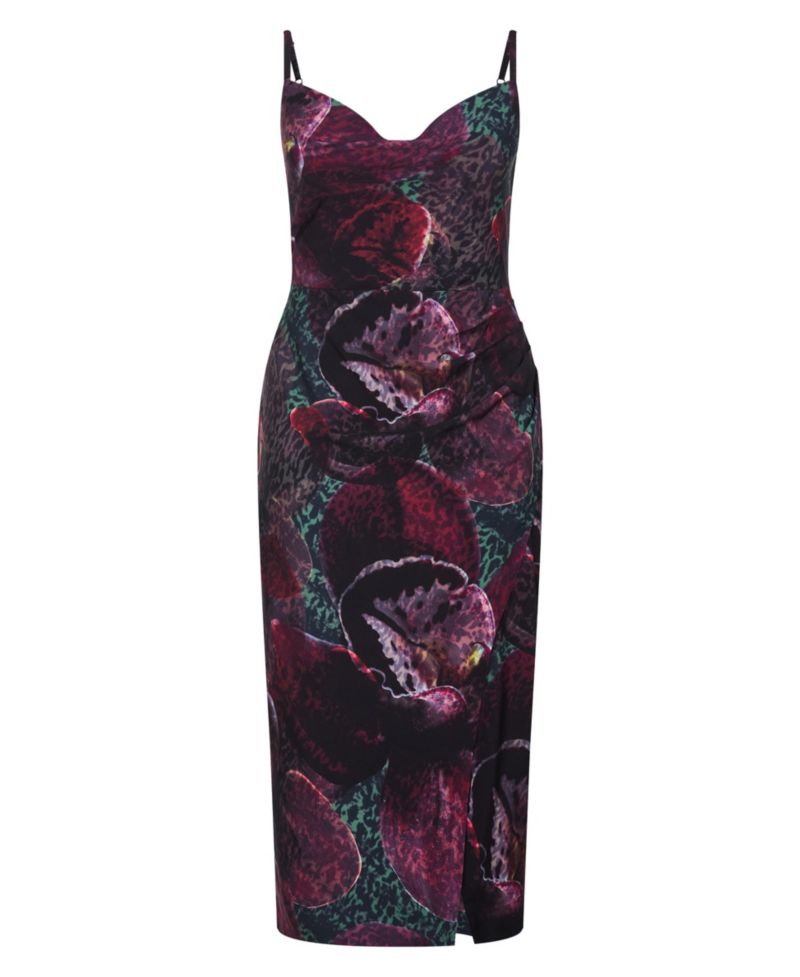 Plus Size Marisol Orchid Print Cowl Neckline Midi Dress