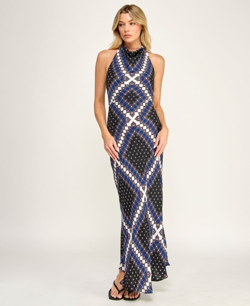 Juniors' Printed Halter Neck Maxi Dress