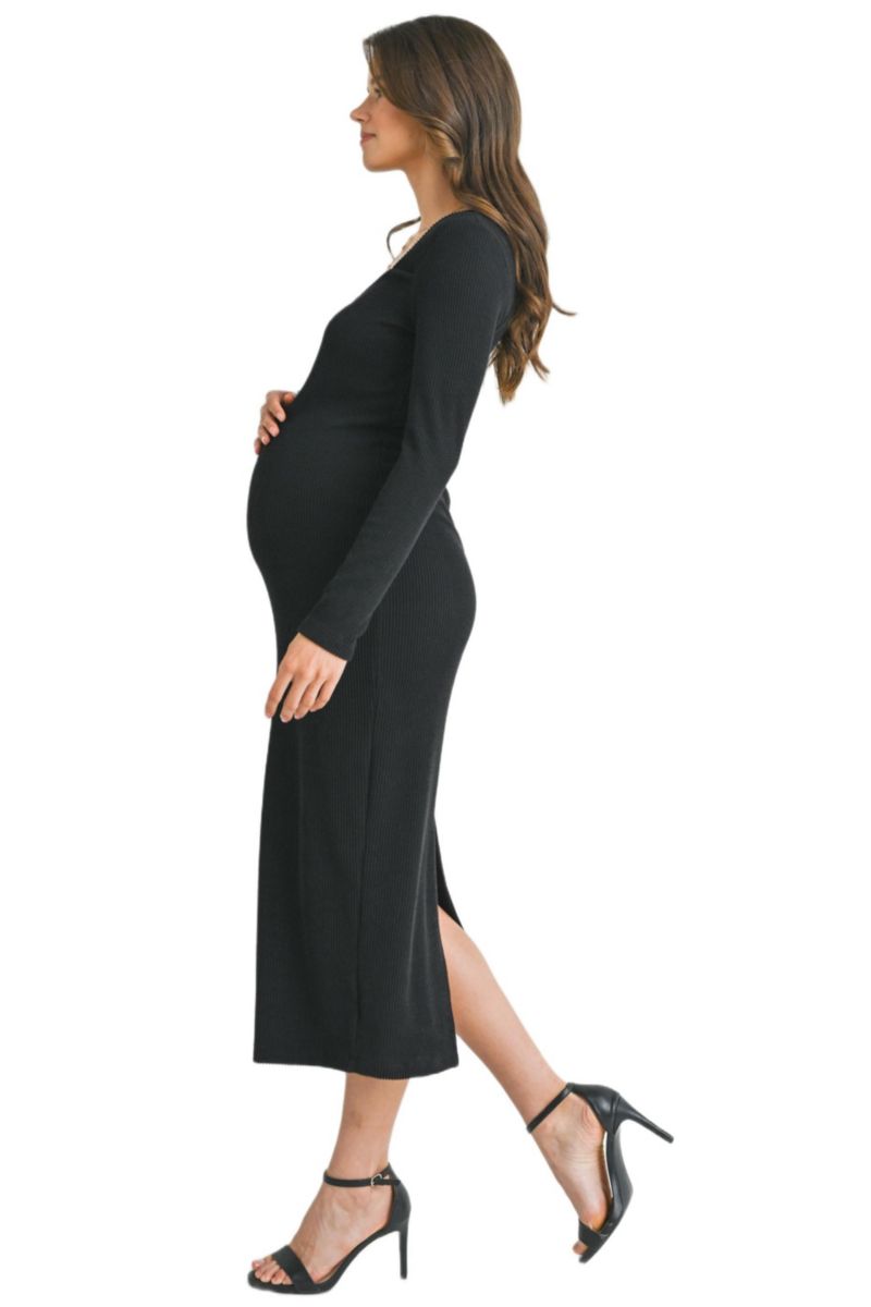 Maternity Sweatheart Long Sleeve Back Slit Ribbed Midi Dress