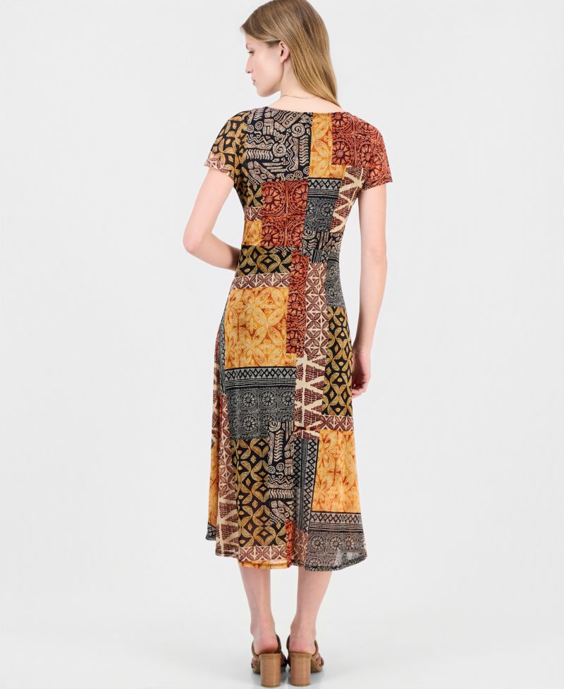 Women's Printed Extended-Sleeve Tie-Waist Dress