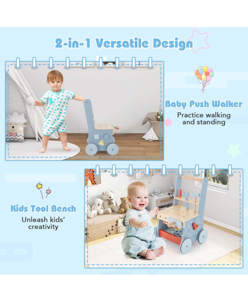 2-in-1 Wooden Baby Push Walker with Multi-Activity Center Bottom