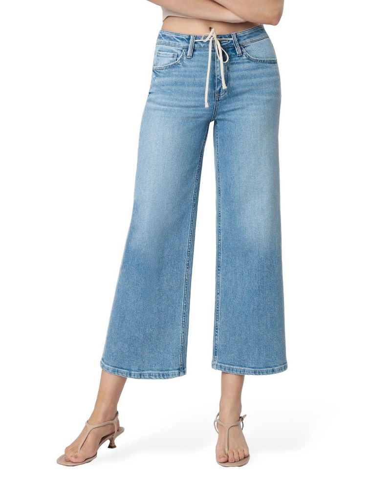 Women's High Rise Trouser Fold Drawstring Crop Wide Leg Jeans