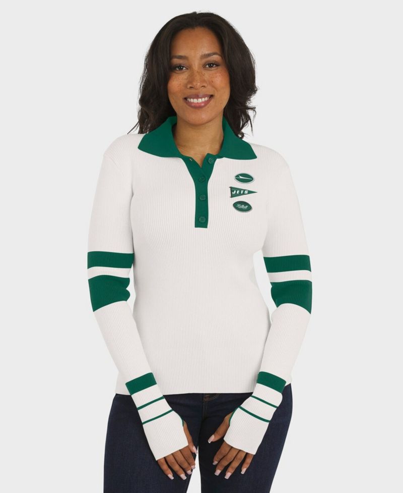 Women's White New York Jets Ribbed Henley Polo Sweater