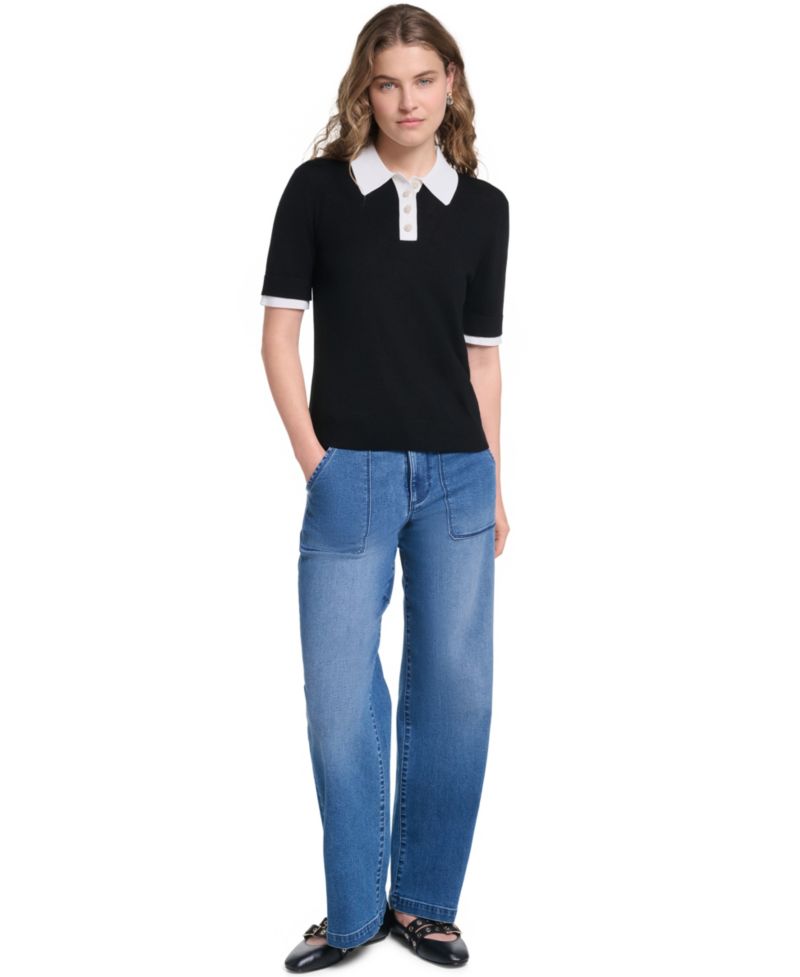 Petite Short-Sleeve Contrast Collar Sweater