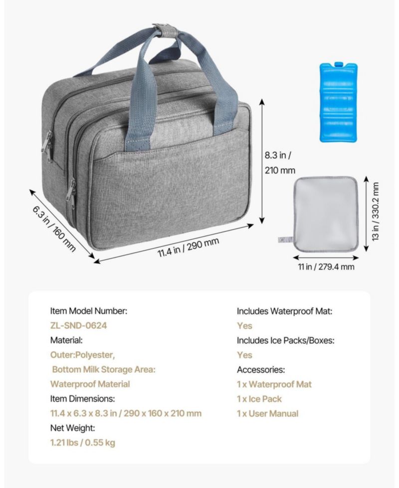 Wearable Breast Pump Bag with Ice Pack, Fits M5/M6, Storage for Pump Accessories & Breastmilk, Portable Carrying Case, Grey